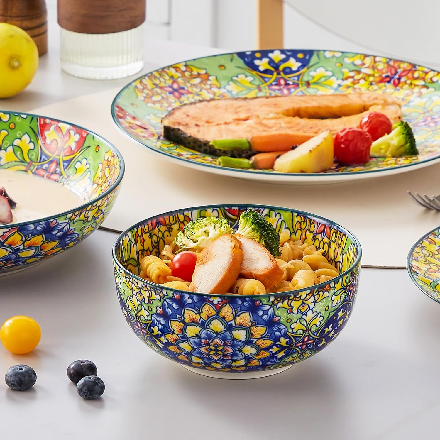 vancasso 24 Pieces Dinnerware Sets, Plates and Bowls Set, Porcelain Dishes Set for 6, Microwave and Dishwasher Safe, Scratch Resistant, Bohemian Style Dining Ware Service for 6, Series SIMI