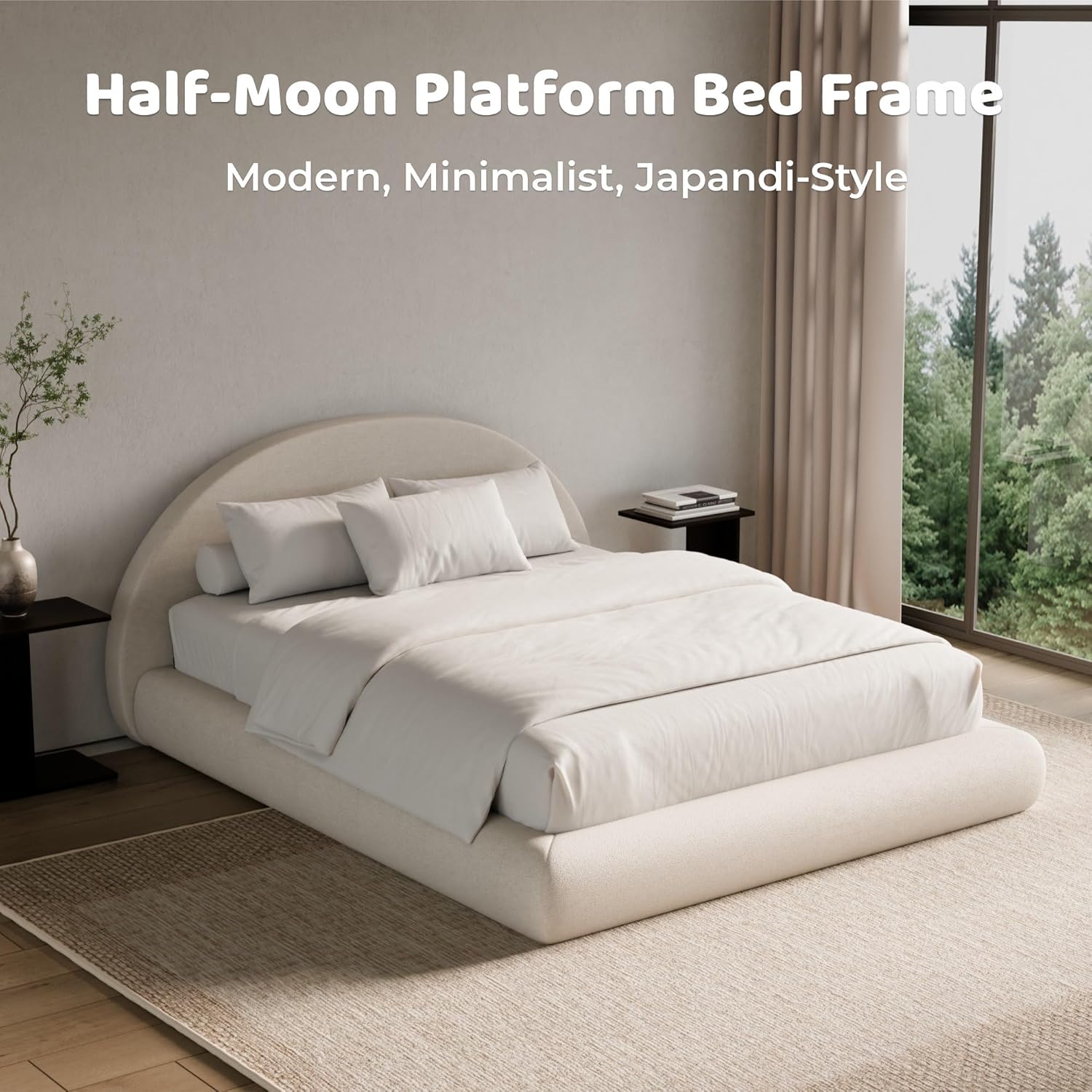 RECCI Half-Moon Upholstered Queen Platform Bed Frame, Velvet Curved Arched Base with Headboard, 5 Inch Fully Round Cushioned Foam, No Box Spring Needed, Easy Assembly | Round Shaped, Boucle, Low-profile, Soft