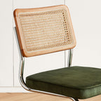 Green Rattan Dining Chairs Set of 4, Wooden Mid Century Modern Dining Room Chairs, Mesh Back Cane Kitchen Chair, Cesca Design Chairs with Metal Chrome Legs