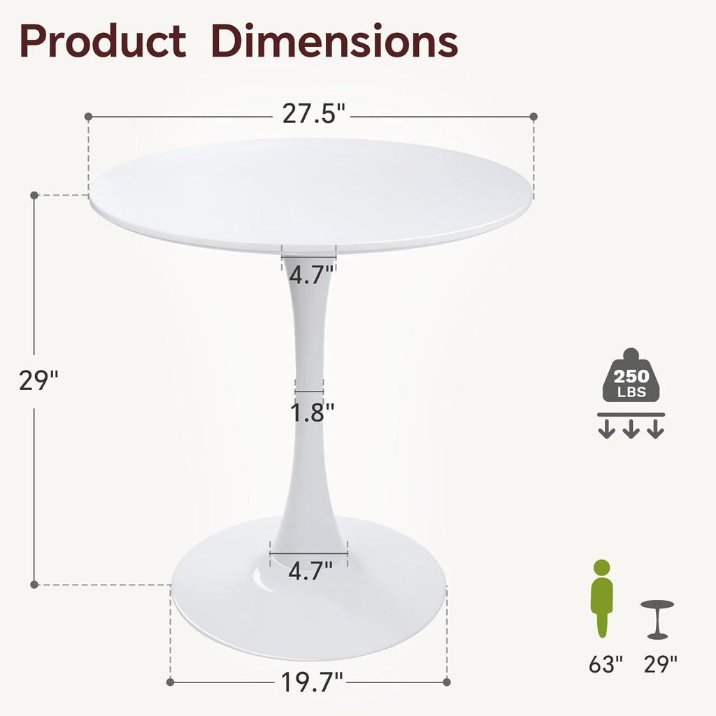 Round Dining Table 27.5" White Tulip Table with Pedestal Base for 2-4 People Small Space - Kitchen Living Room Cafe