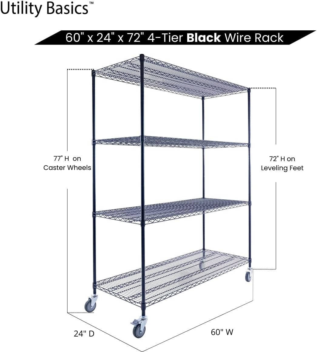 NSF Commercial 4-Tier Wire Shelving with Wheels, 60"x24"x72" Heavy Duty Metal Shelves 3200 lbs Max Capacity, Black Storage Rack for Garage Kitchen Pantry Warehouse