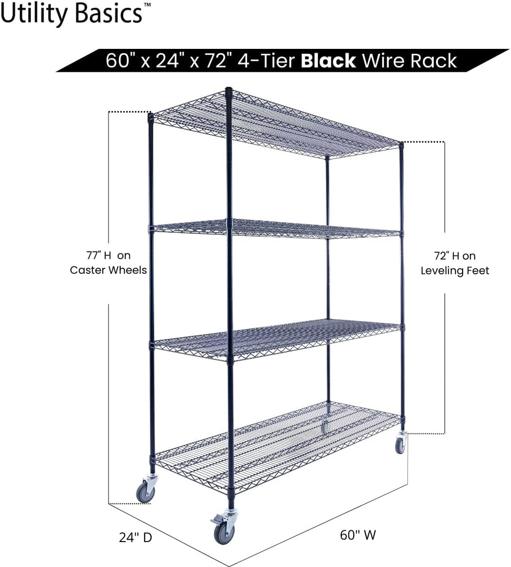 NSF Commercial 4-Tier Wire Shelving with Wheels, 60"x24"x72" Heavy Duty Metal Shelves 3200 lbs Max Capacity, Black Storage Rack for Garage Kitchen Pantry Warehouse