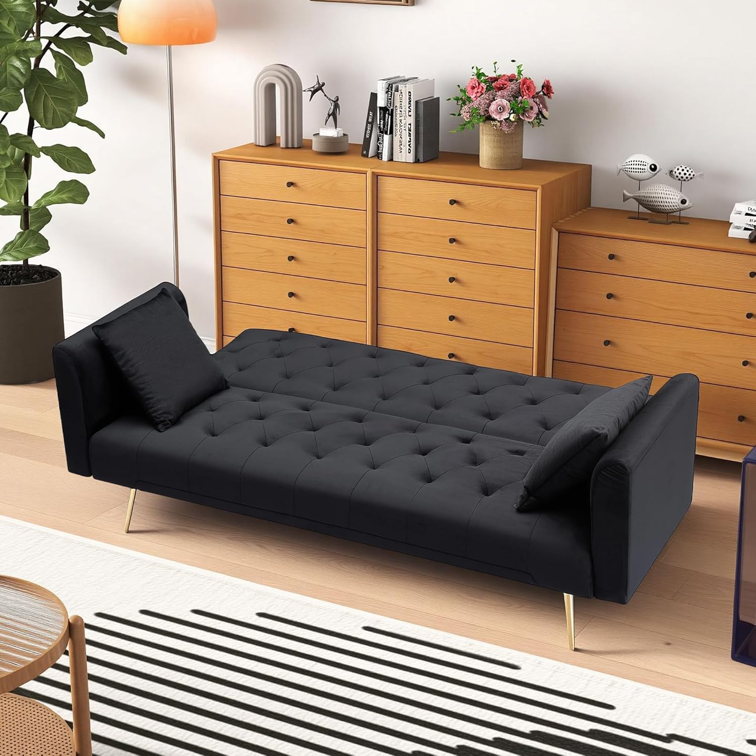 Anwick 72" Modern Velvet Sofa Bed Futon,Convertible Folding Sleeper Bed Couches with 3 Adjustable Backrests,Tufted Recliner Loveseat with Golden Chrome Legs for Small Living Room Office (Black)