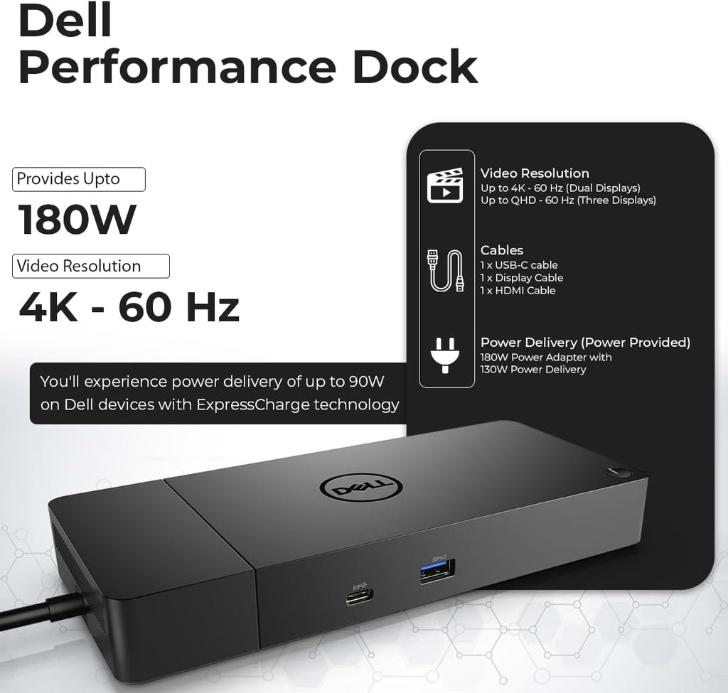 Dell WD19S Docking Station Dual Monitor Bundle - 180W  Supports 4K Display  Dell Dock with 180W Power Supply + Anyhdd 4K HDMI Cable + 4K DisplayPort Cable + USB-C Cable + Microfiber Cloth Included