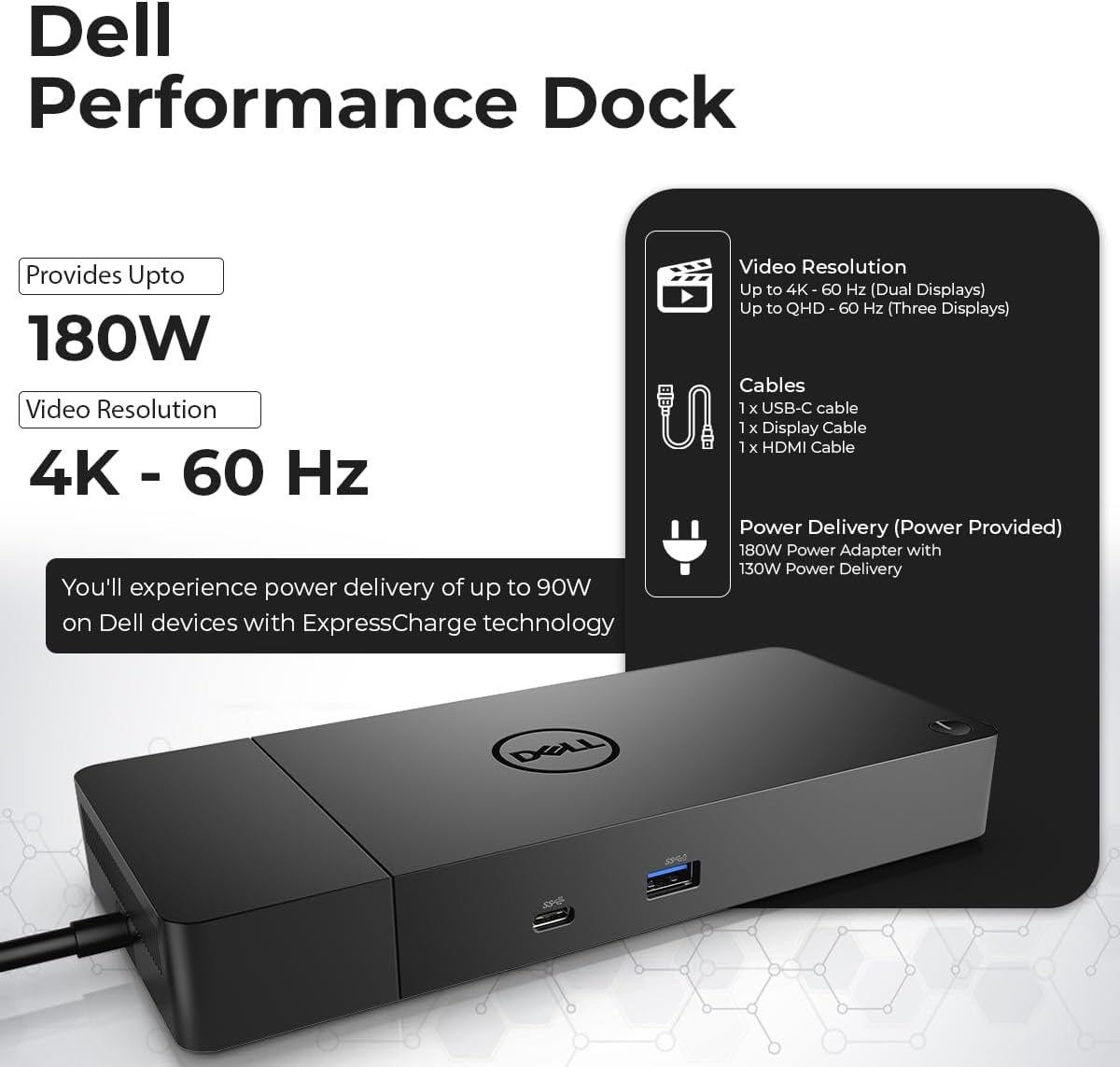 Dell WD19S Docking Station Dual Monitor Bundle - 180W  Supports 4K Display  Dell Dock with 180W Power Supply + Anyhdd 4K HDMI Cable + 4K DisplayPort Cable + USB-C Cable + Microfiber Cloth Included