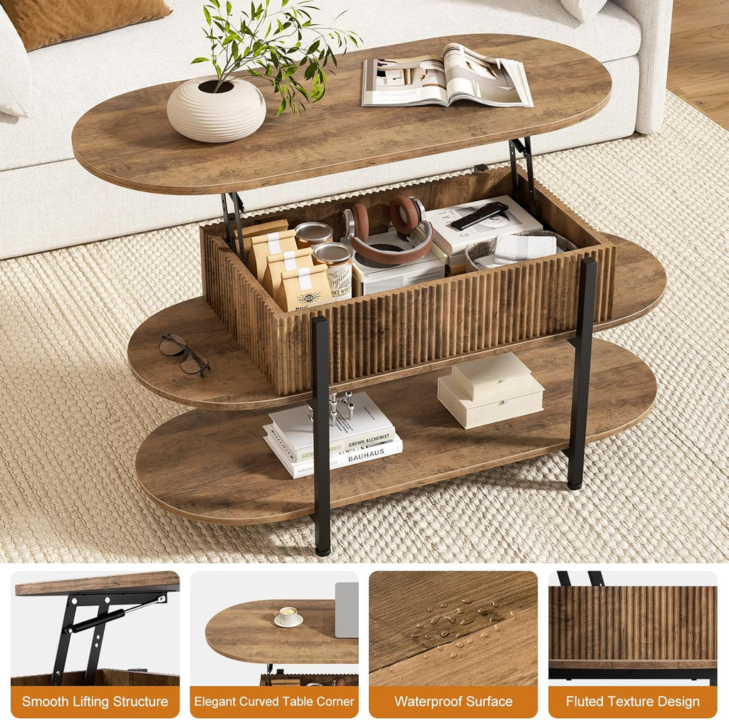 FABATO 41.7" Oval Lift Top Coffee Table, Fluted Wood Center Table with Hidden Storage, 3 Tier Small Tables with Curved Edge, Modern Narrow Coffee Table for Living Room Reception Room, Vintage Oak