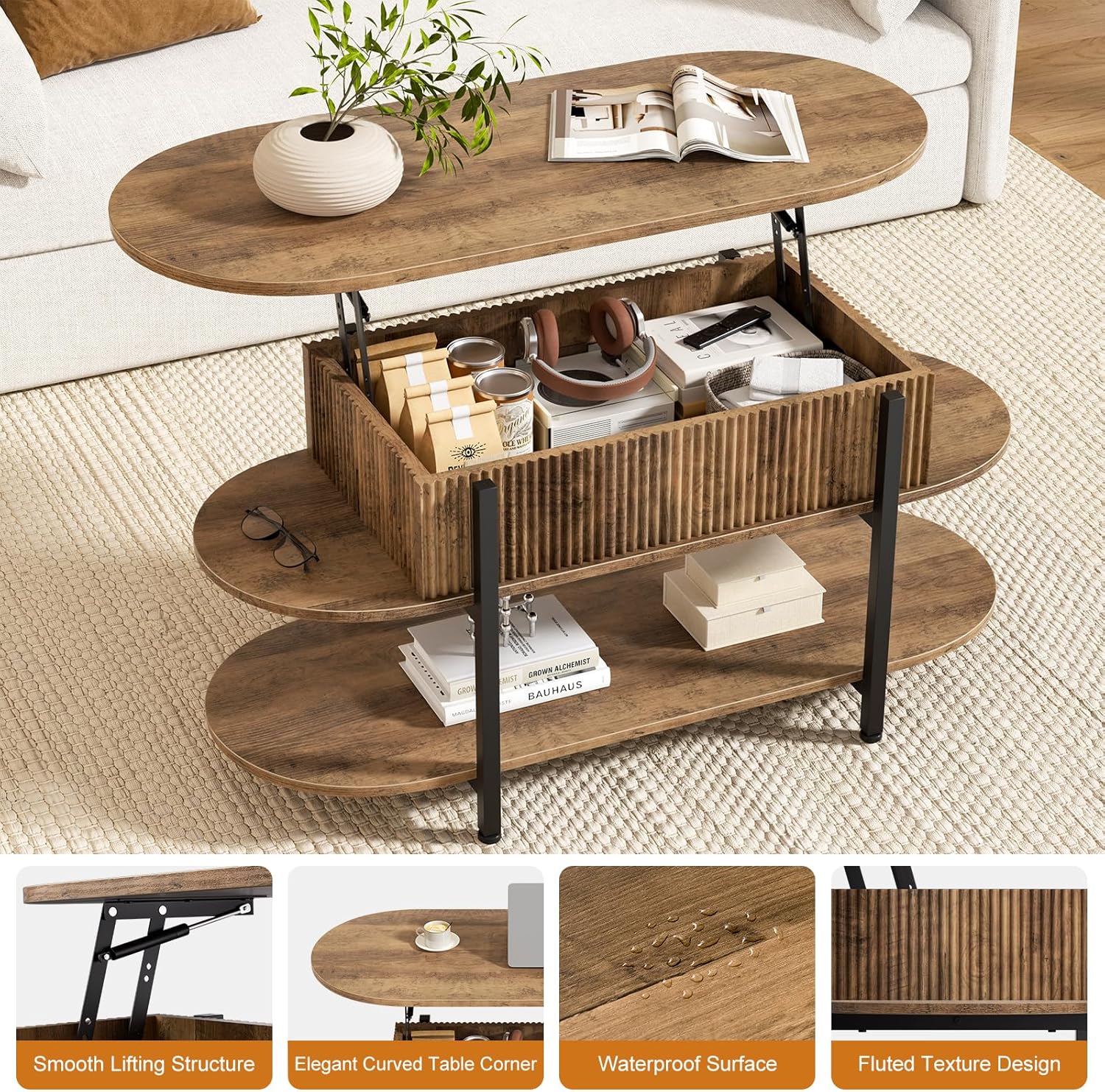 FABATO 41.7" Oval Lift Top Coffee Table, Fluted Wood Center Table with Hidden Storage, 3 Tier Small Tables with Curved Edge, Modern Narrow Coffee Table for Living Room Reception Room, Vintage Oak