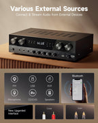 Donner Stereo Receivers Home Audio Amplifier  Premium 1000W Peak Power 4 Channel Amplifier with Bluetooth 5.0  USB  FM  2 Mic-in  Echo  RCA  Optical/Coaxial Input for Home  Karaoke  Theater Speakers