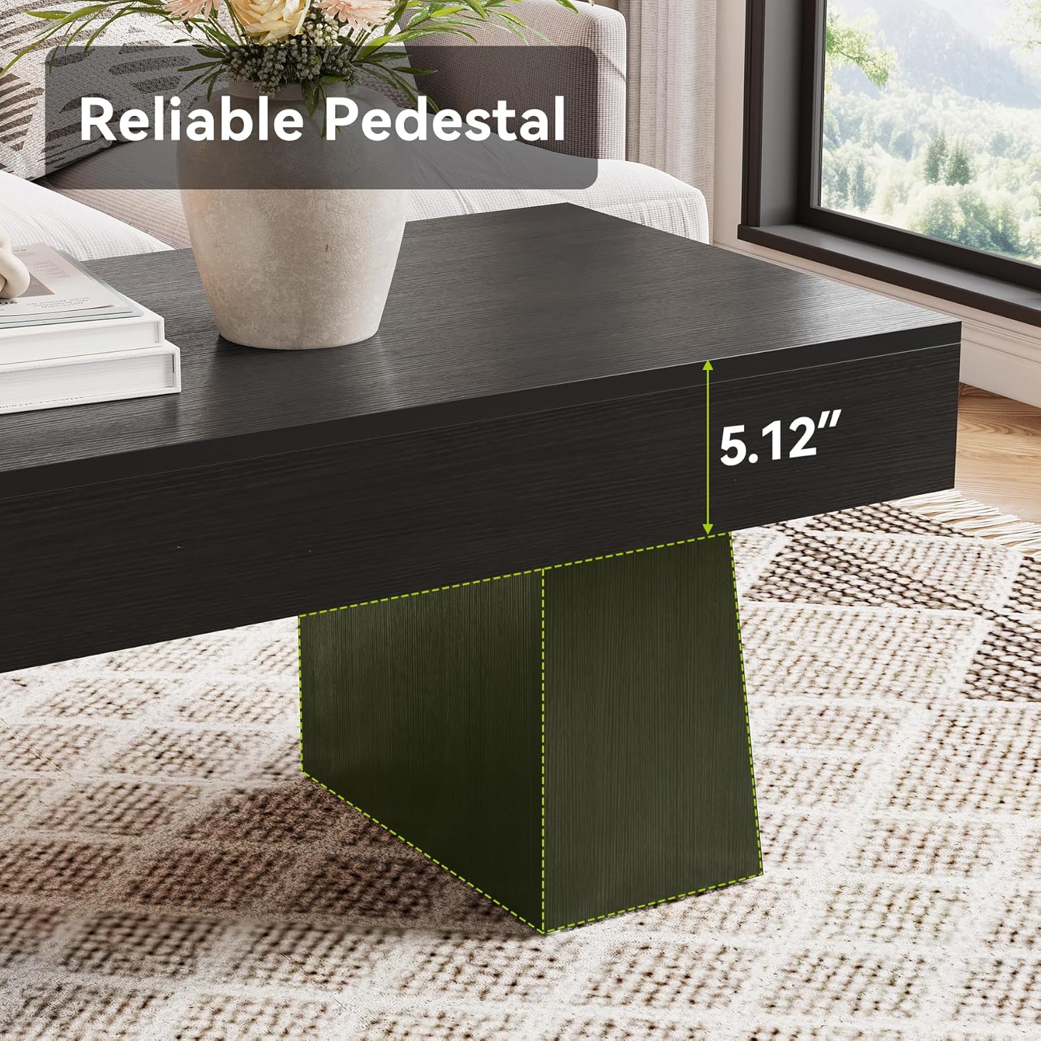 LITTLE TREE Farmhouse Coffee Table, 47 Inches Wooden Rectangular Accent Center Tables with Thick Base, Modern Low Cocktail Tea Furniture for Living Room (Black)