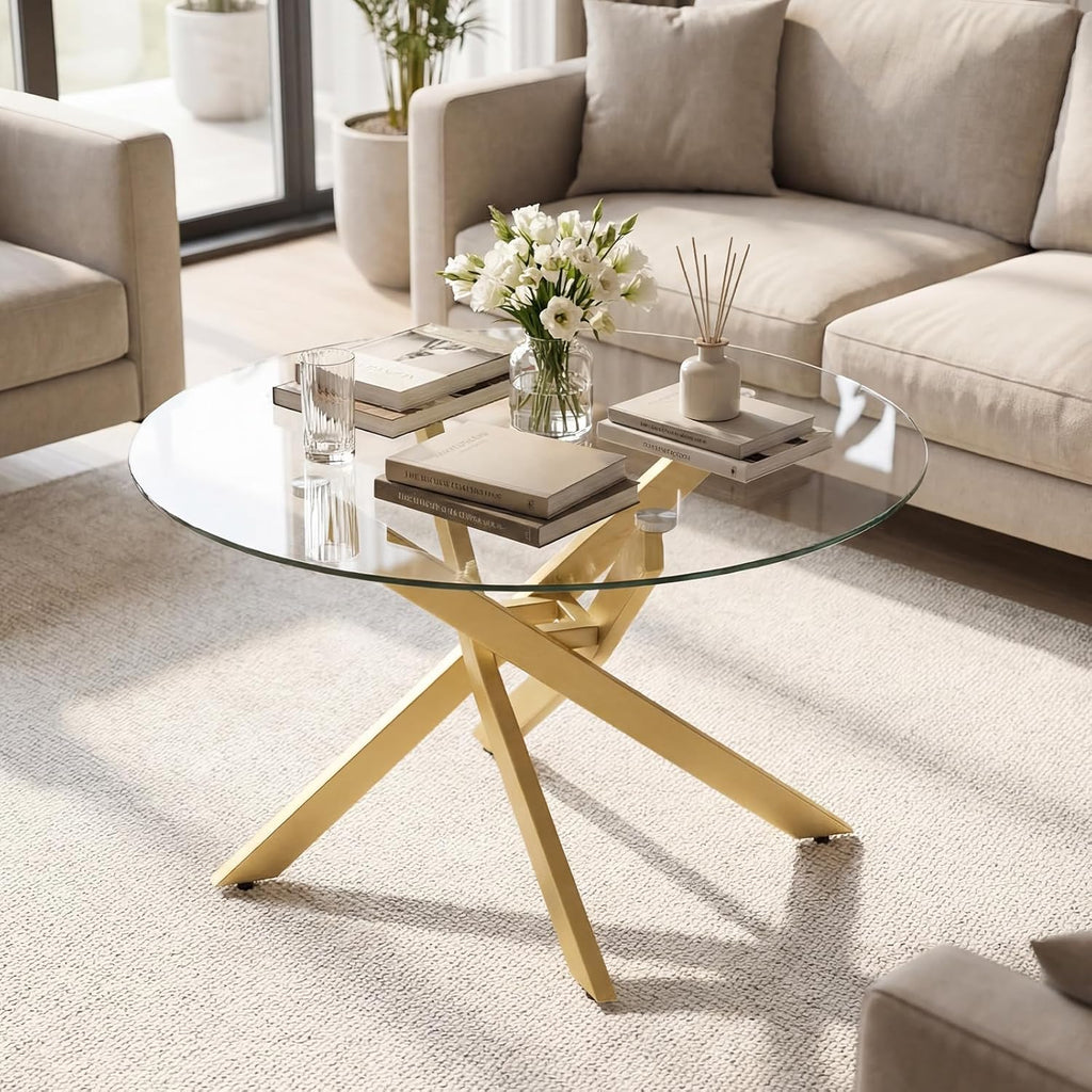 Giantex Round Glass Coffee Table, 31.5" Modern Center Table with Tempered Glass Top & Geometric Metal Frame, Clear Accent Cocktail Table, Small Coffee Table for Living Room, Small Spaces (Gold)