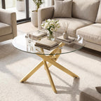Giantex Round Glass Coffee Table, 31.5" Modern Center Table with Tempered Glass Top & Geometric Metal Frame, Clear Accent Cocktail Table, Small Coffee Table for Living Room, Small Spaces (Gold)