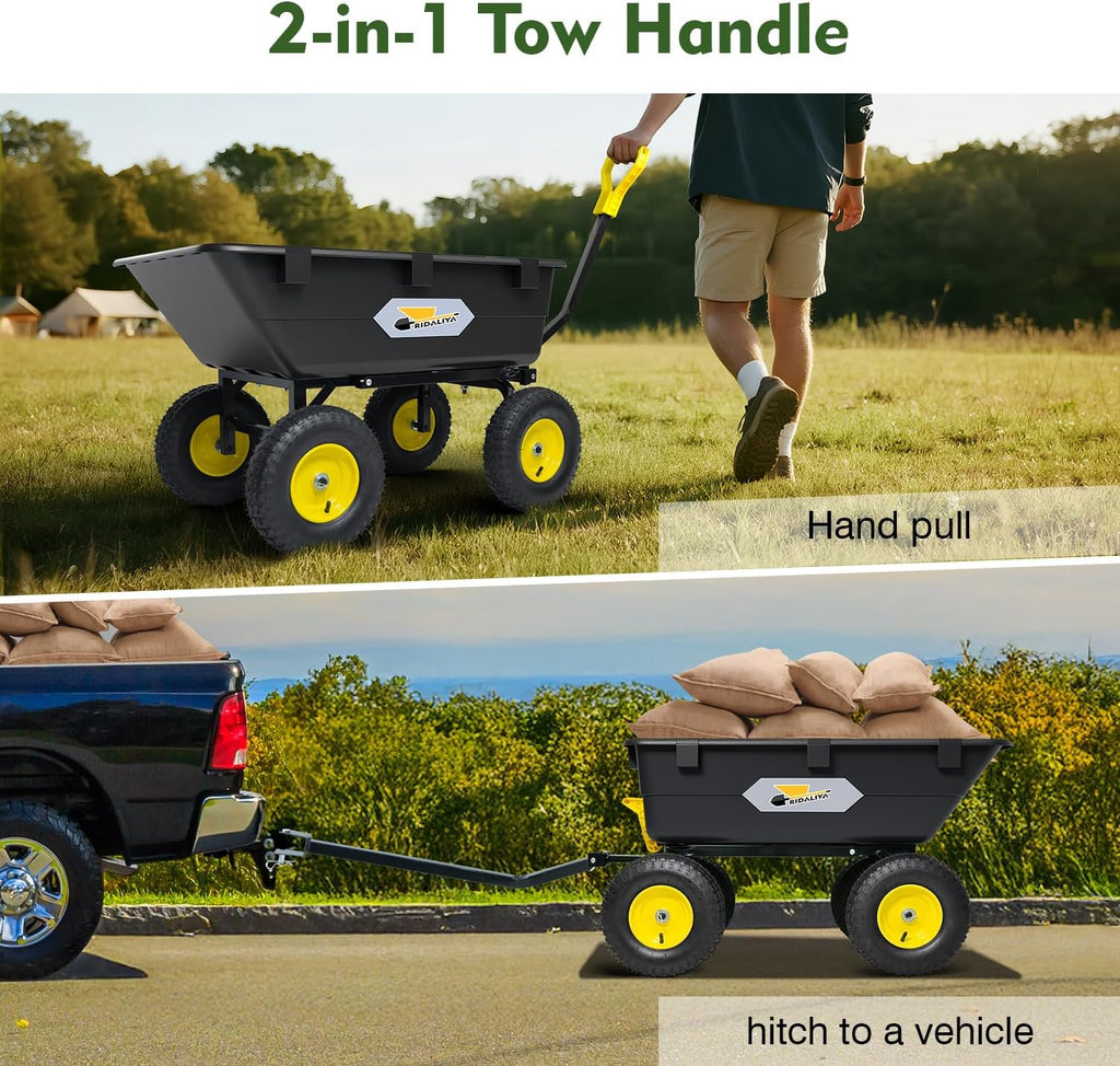 Garden Dump Cart  Heavy-Duty Utility Wagon with 1200 lbs Capacity  6 Cu Ft Bed  12.6" Pneumatic Tires  180° Pivot Steering for Yard  Lawn  and Beach Use