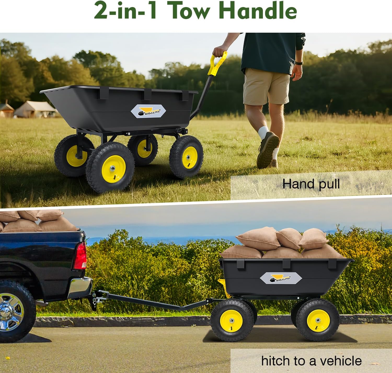 Garden Dump Cart  Heavy-Duty Utility Wagon with 1200 lbs Capacity  6 Cu Ft Bed  12.6" Pneumatic Tires  180° Pivot Steering for Yard  Lawn  and Beach Use