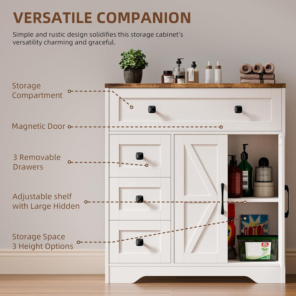 Vabches Farmhouse Storage Cabinet with 2 Doors and 4 Drawers, Freestanding Bathroom Storage Cabinet Kitchen Pantry, Floor Hutch Cupboard for Living Room/Bathroom/Kitchen.(Antique White