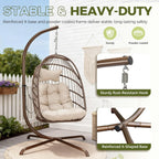 RADIATA Wicker Egg Swing Chair with Stand for Outside, Outdoor Comfy Hanging Egg Patio Chairs with Thick Cushion, 350Lbs Durable Swinging Rattan Chair for Bedroom Porch Backyard Balcony, Brown, Tan