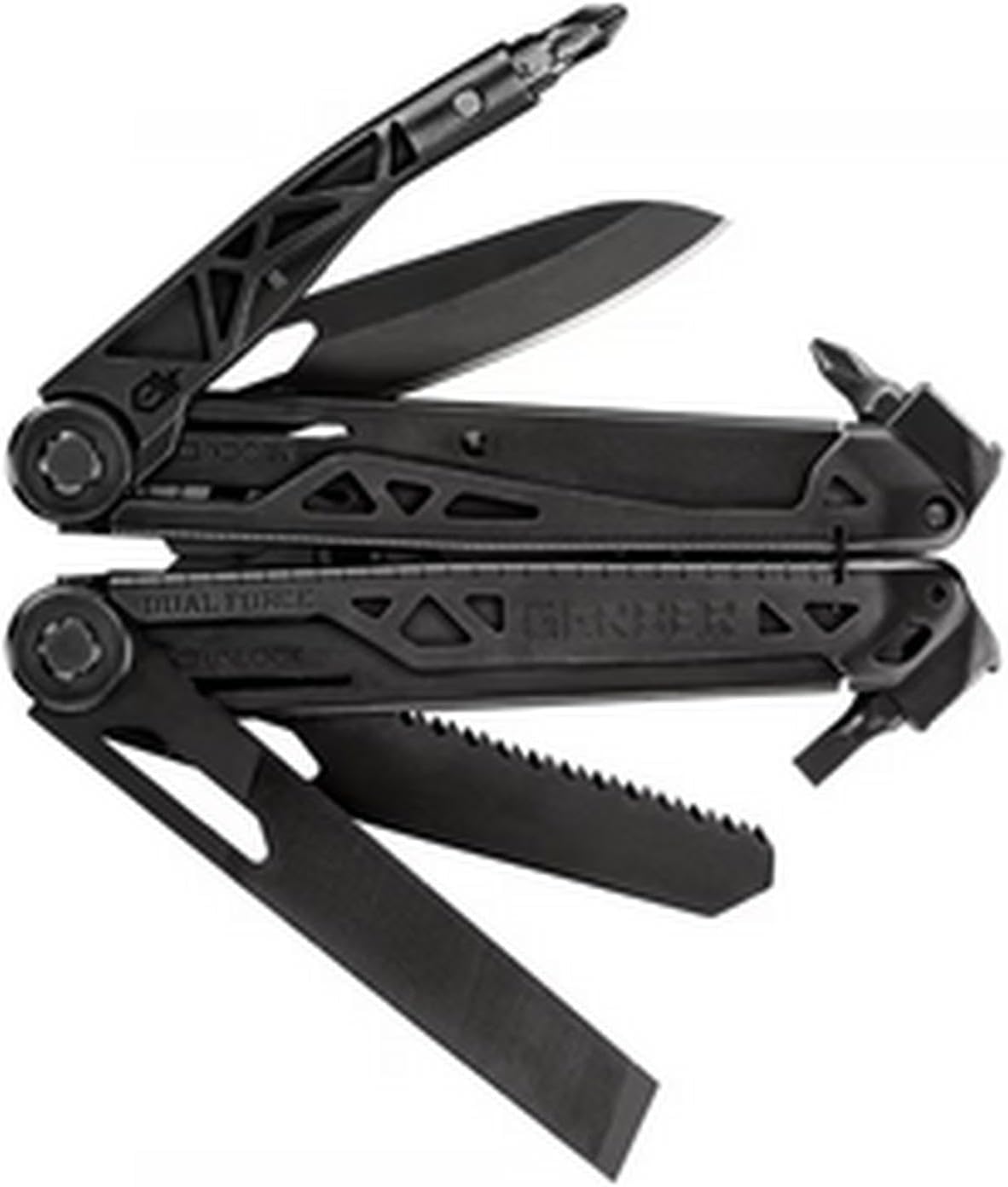 Gerber Gear Dual-Force Multitool - Heavy Duty, Center Axis Driver, Blunt Nose Pliers with Saw, Wire Cutters, Bit Storage, and More - Black