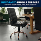 Flash Furniture Whitney Mid-Back Swivel LeatherSoft Desk Chair with Padded Seat and Armrests, Adjustable Height Padded LeatherSoft Office Chair, Black/Rose Gold