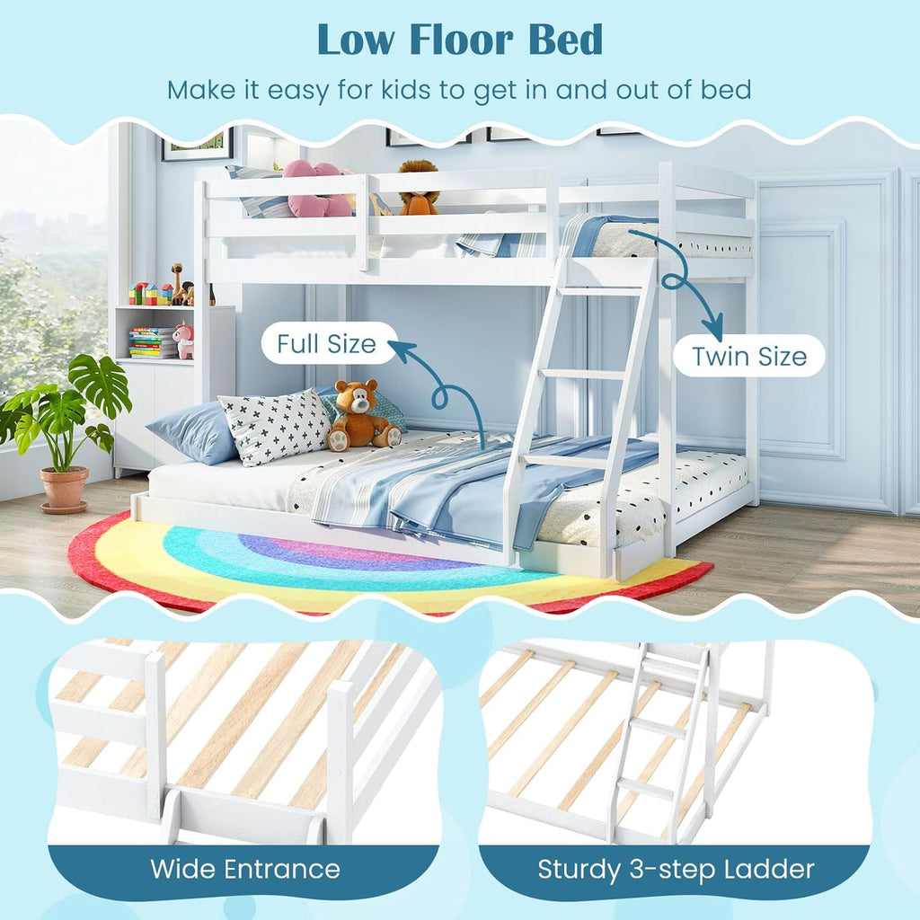 Giantex Twin Over Full Bunk Bed, Solid Wood Kids Bunk Bed with Full-Length Guardrails & Ladder, Low Bunk Beds with Slats Support for Kids, Teens, No Box Spring Needed, White