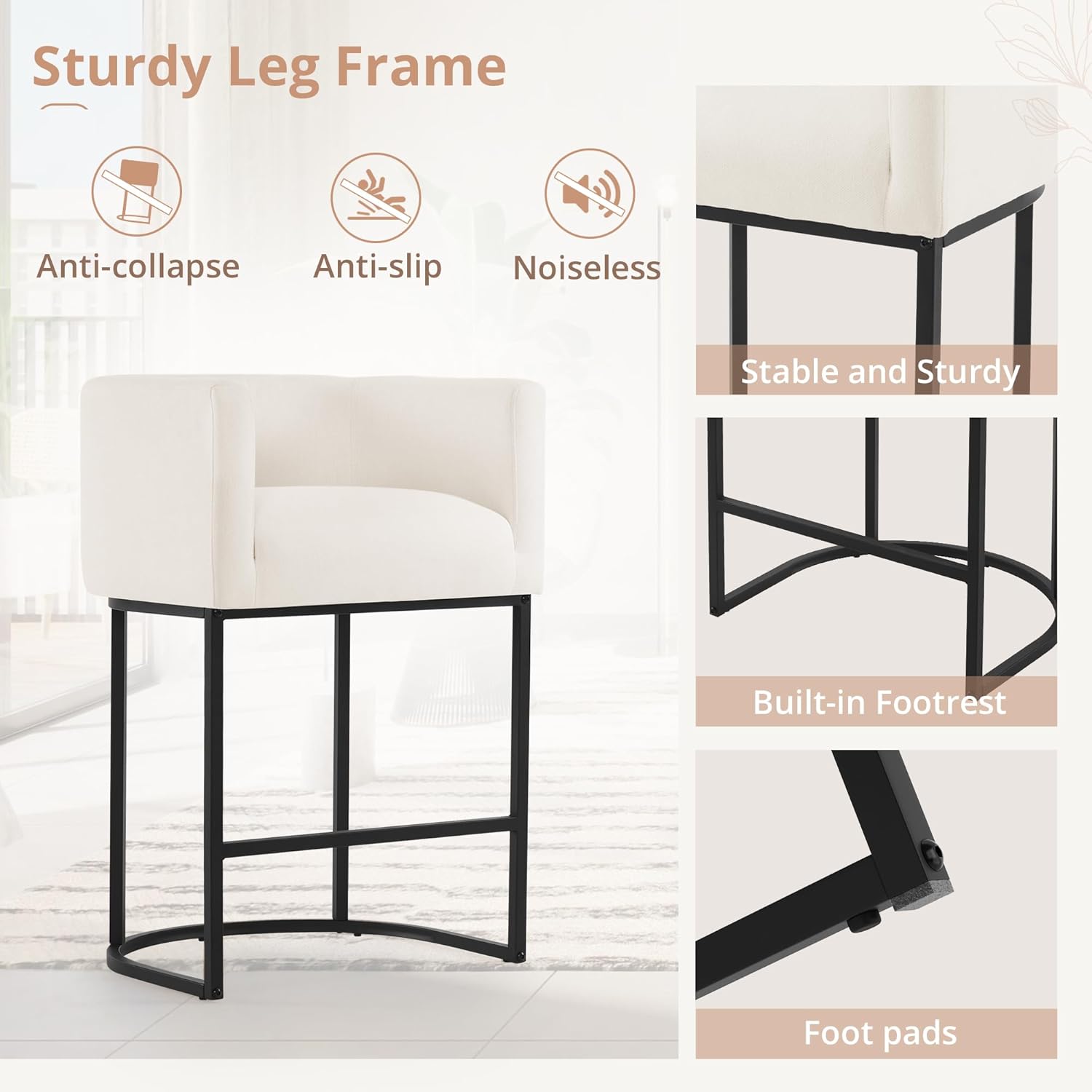 LUE BONA 27" H Counter Height Bar Stools Set of 3, Modern Barrel Counter Stools with Backrest and Arms, Black Metal Frames, Linen Fabric Upholstered Accent Barstools for Kitchen Island, Beige