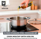 BRA COOKWARE Master 9-Piece Stainless Steel Cookware Set | Professional Pots & Pans Set w/ 2 Pots, 1 Sauté Pan, 3 Frying Pans, 3 Lids | All Stovetops | PFAS Free | Silicone Coated Handles