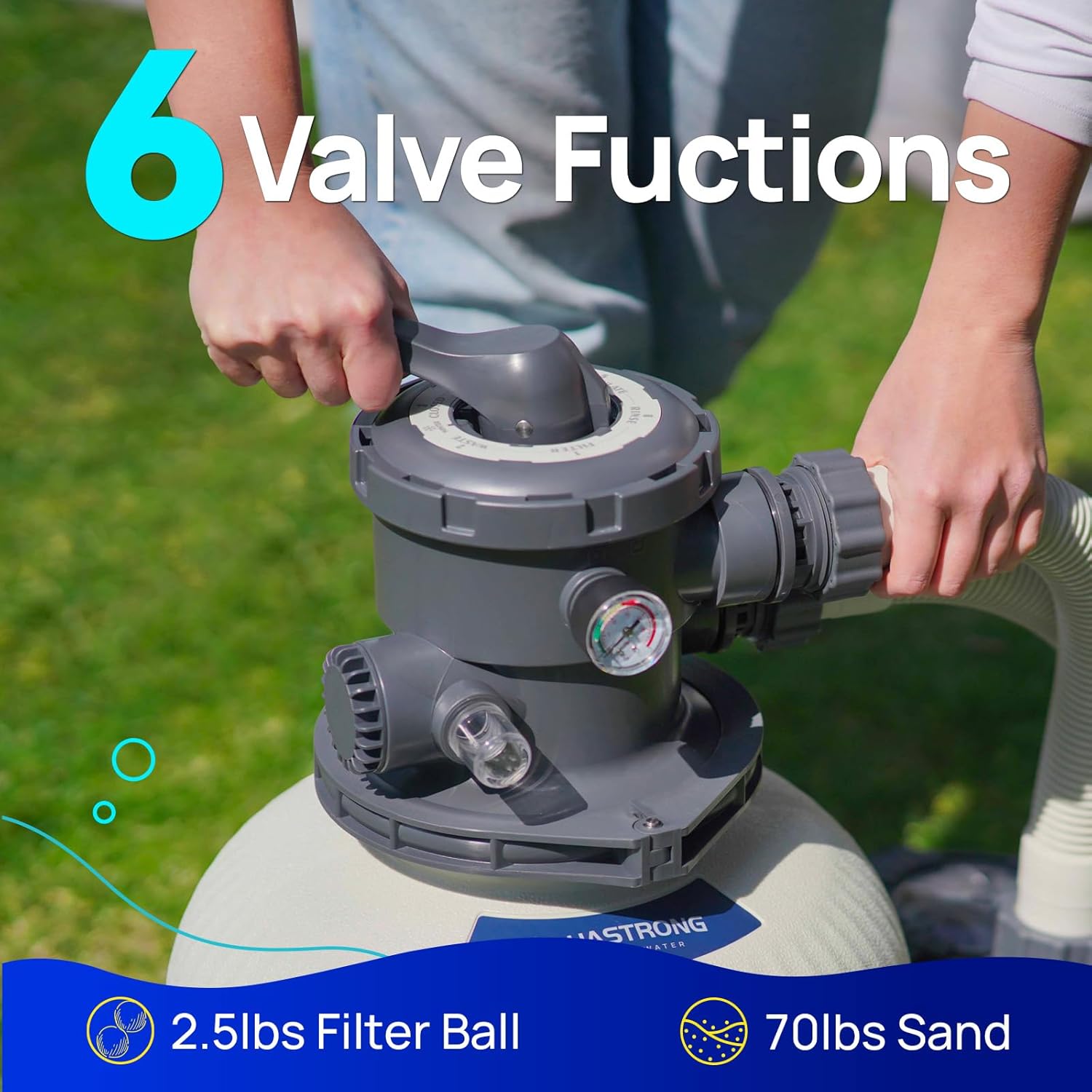 AQUASTRONG Sand Filter Pump for Above Ground Pool  Pool Pumps Above Ground Pool Sand Filter with 6-Way Valve Improved Circulation and Filtration  14in  2/3 HP 3000 GPH with Timer