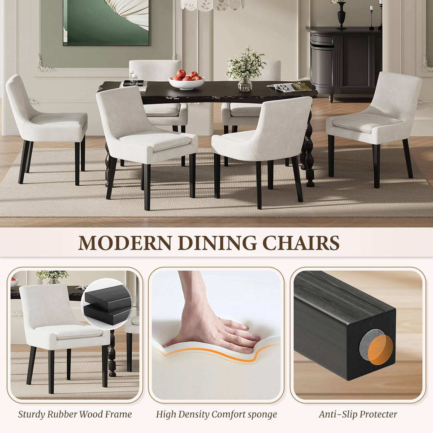 Dining Chairs Set of 4, Upholstered Corduroy Dining Room Chair with Wood Legs, Mid-Back Padded Kitchen Side Chairs for Dining Room, Beige