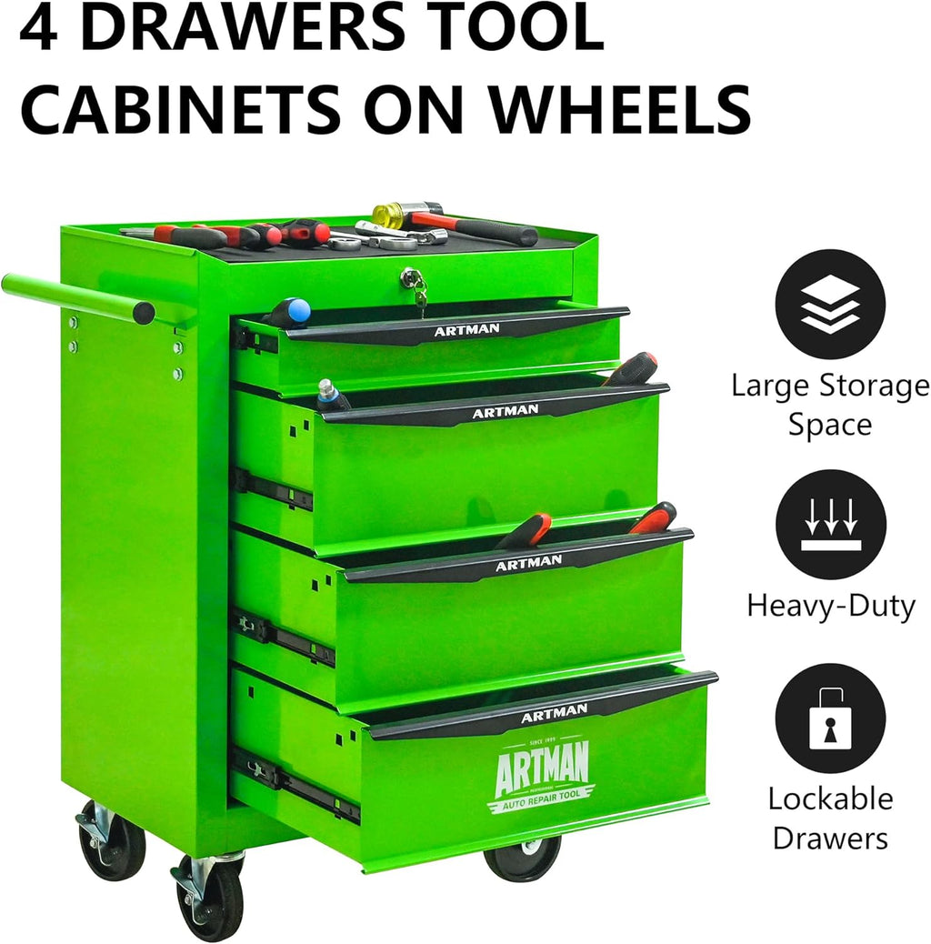 Rolling Metal Tool Chest with 4 Drawers, 20" 4-Drawer Tool Chest Cabinet with Ball Bearing Drawer Slides, Steel Tool Storage Box Organizer -Green