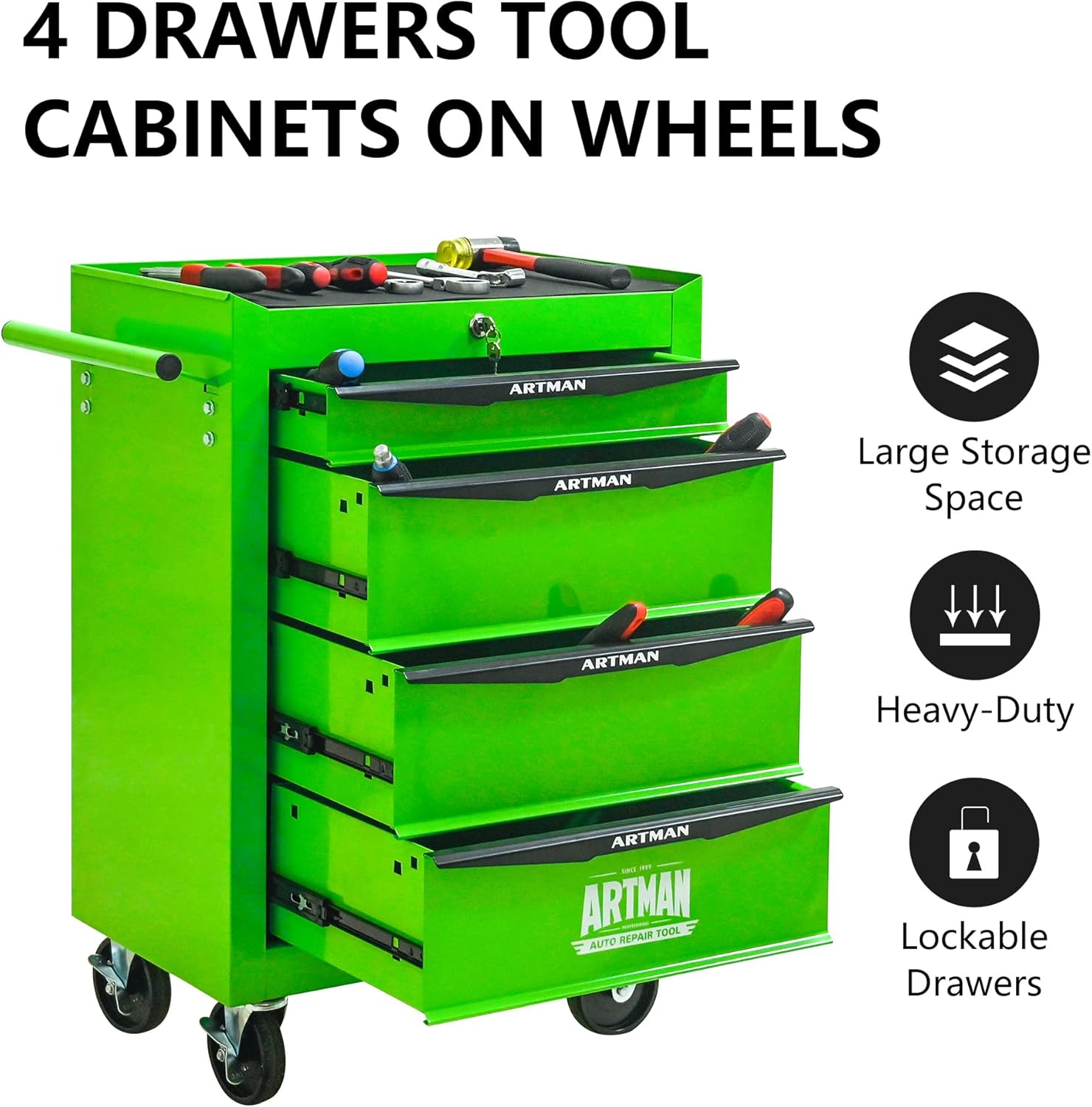 Rolling Metal Tool Chest with 4 Drawers, 20" 4-Drawer Tool Chest Cabinet with Ball Bearing Drawer Slides, Steel Tool Storage Box Organizer -Green