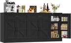 71” Large Sideboard Buffet Cabinet with Storage, Farmhouse Buffet Cabinet with Adjustable Shelves and 3 Door Shelves, Wood Coffee Bar Console Table for Kitchen, Dining Room (Black)