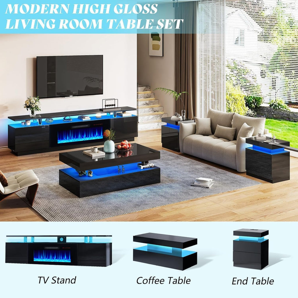AMERLIFE Fireplace TV Stand with 40" Fireplace, 80" Modern Fireplace Entertainment Center LED Lights, 2 Tier TV Console Cabinet for TVs Up to 90", Obsidian Black