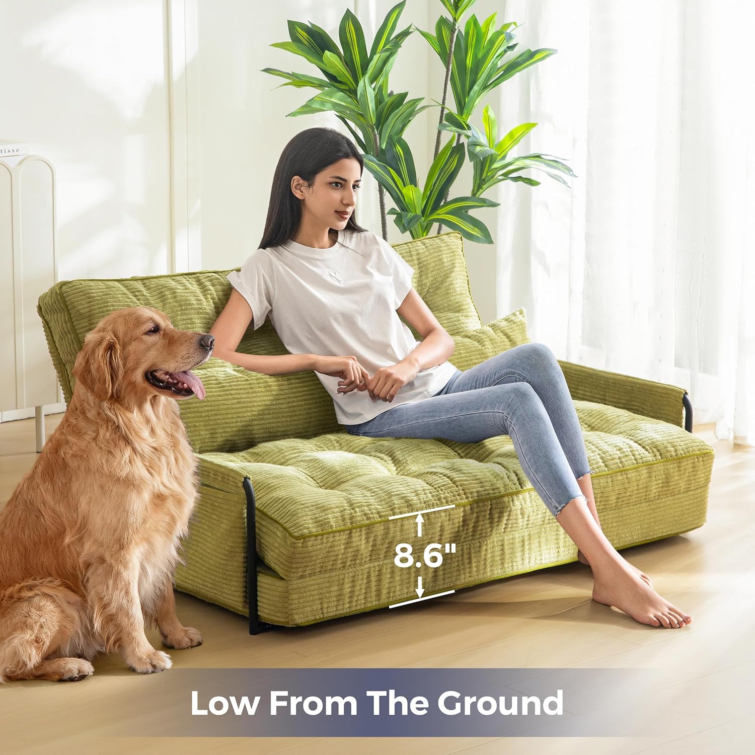 MAXYOYO Adjustable Floor Sofa Couch with 2 Pillows, Multi-Functional Bean Bag Bed, 5-Position Foldable Lazy Sofa Sleeper Bed with Armrest, Versatile Floor Seating for Reading, Green, Double