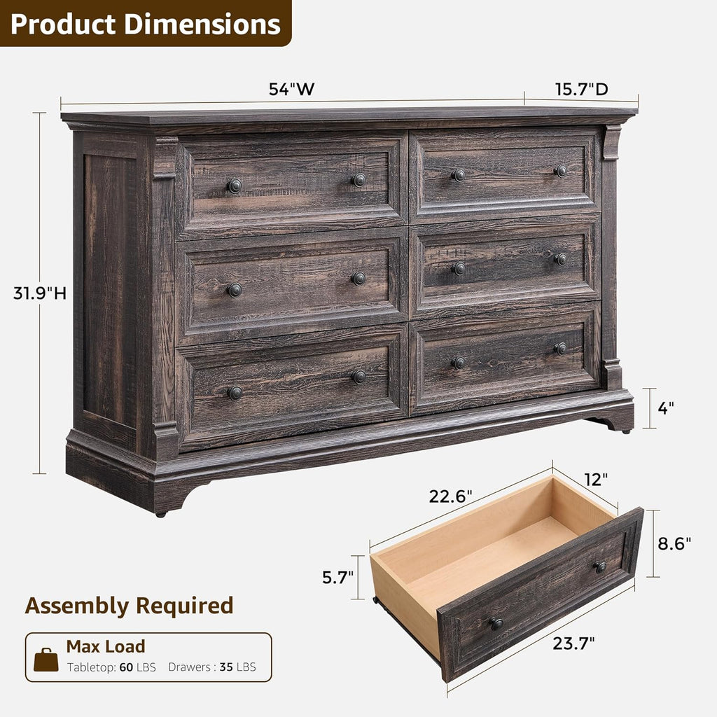 Farmhouse 6 Drawers Dresser for Bedroom, 54" Wide Large Dressers & Chests of Drawers w/Roman Column, Wooden Dresser TV Stand with Large Drawers for Nursery Bedroom Living Room Hallway,Dark Rustic Oak