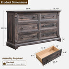 Farmhouse 6 Drawers Dresser for Bedroom, 54" Wide Large Dressers & Chests of Drawers w/Roman Column, Wooden Dresser TV Stand with Large Drawers for Nursery Bedroom Living Room Hallway,Dark Rustic Oak