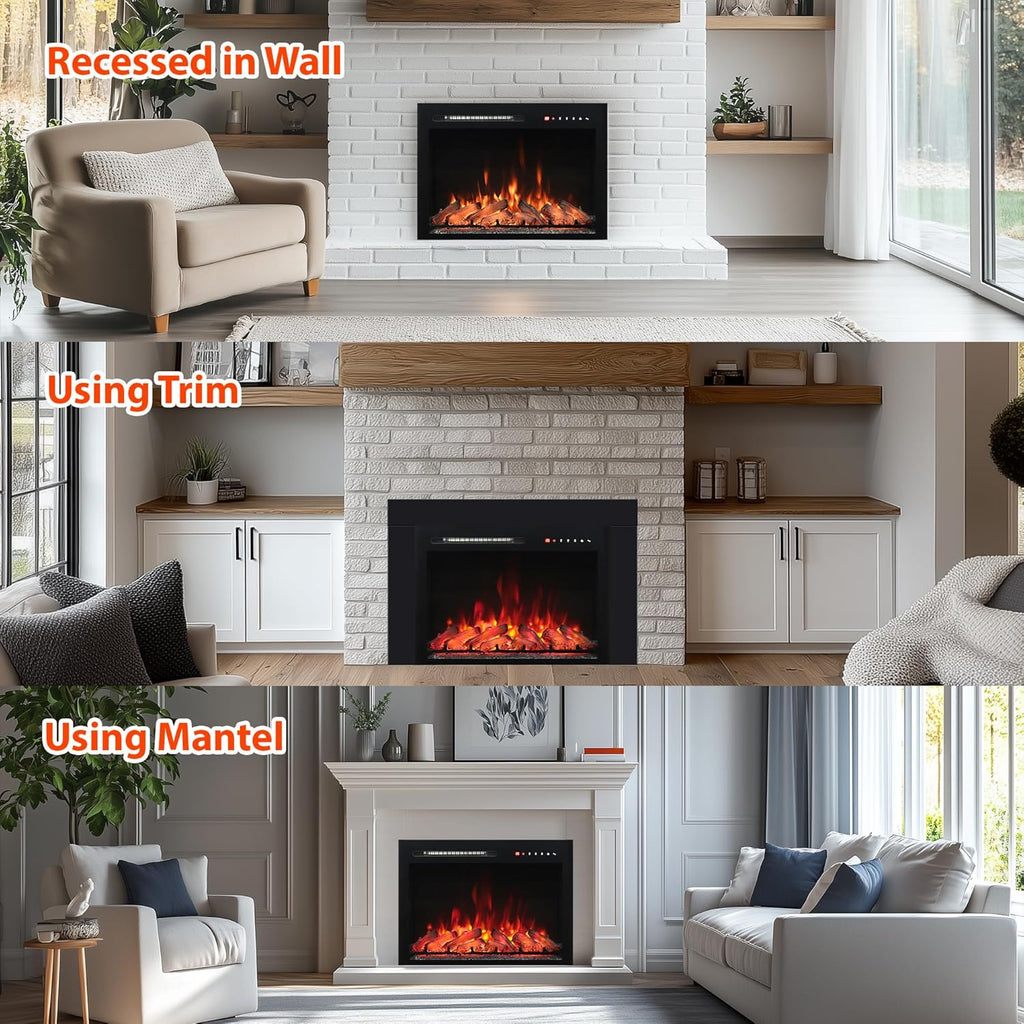 28 Inches Electric Fireplace Insert with Trim Kit, Wall Mounted & Recessed Electric Fireplace Inserts with 8 Flame Colors, Remote Control, 6 Levels Brightness, 9H Timer, Black, 1500W/750W