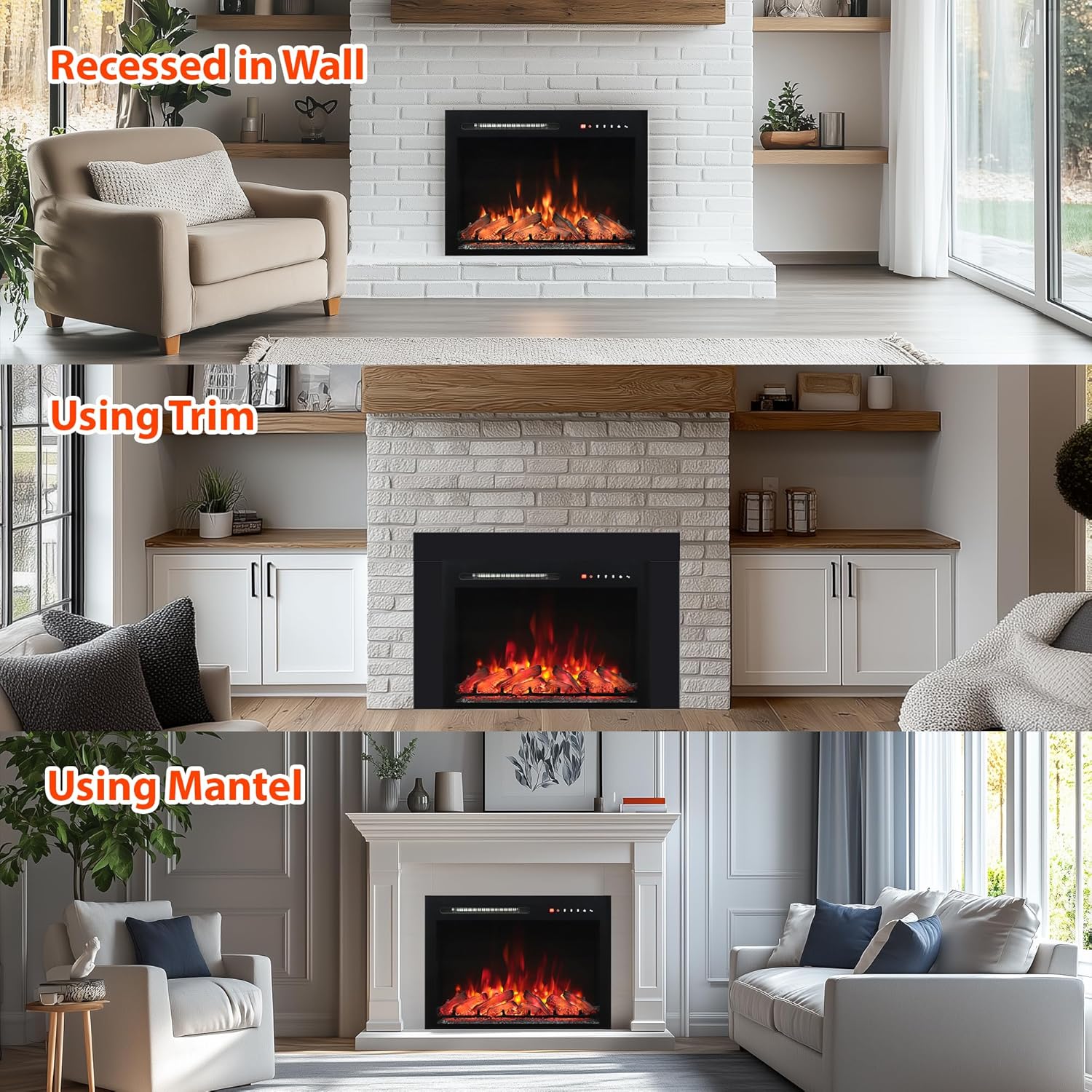 28 Inches Electric Fireplace Insert with Trim Kit, Wall Mounted & Recessed Electric Fireplace Inserts with 8 Flame Colors, Remote Control, 6 Levels Brightness, 9H Timer, Black, 1500W/750W