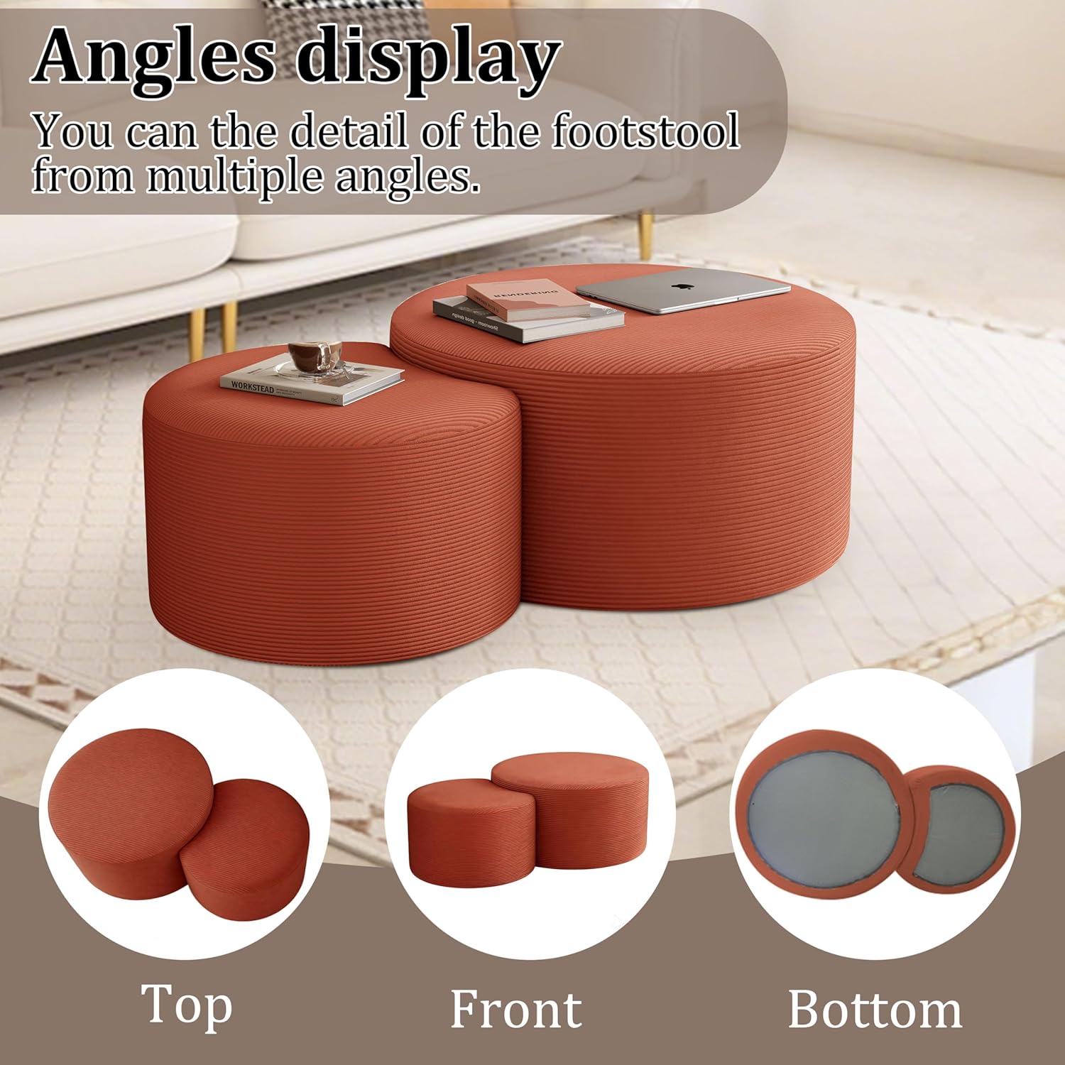 BSHOMGI Nesting Coffee Table Set of 2, Upholstered Round Corduroy Circle Foam Round Side Table for Living Room, Entryway Set, 32"+17" Footrest No Assembly (Orange, 32"+17")