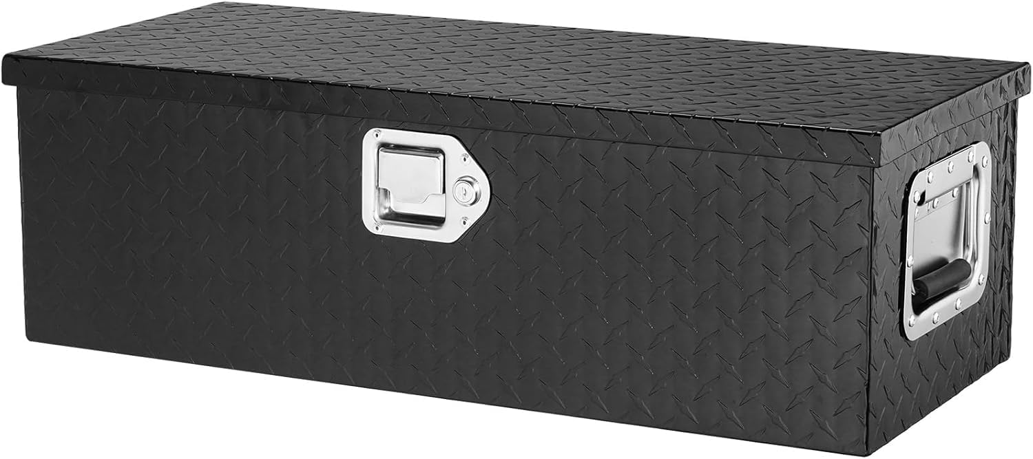 Heavy Duty Aluminum Truck Bed Tool Box 39"x13"x10" – Waterproof Diamond Plate Storage Chest, Lockable with Sliding Shelf & Stainless Handles, Durable Organizer for Pickup, Trailer, RV, Black