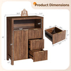 VINGLI Bathroom Floor Storage Cabinet with 3 Drawers, Modern 32" Freestanding Short Storage Organizer with Fluted Door & Adjustable Shelf, 12 Inch Deep Walnut Wooden Console for Small Space
