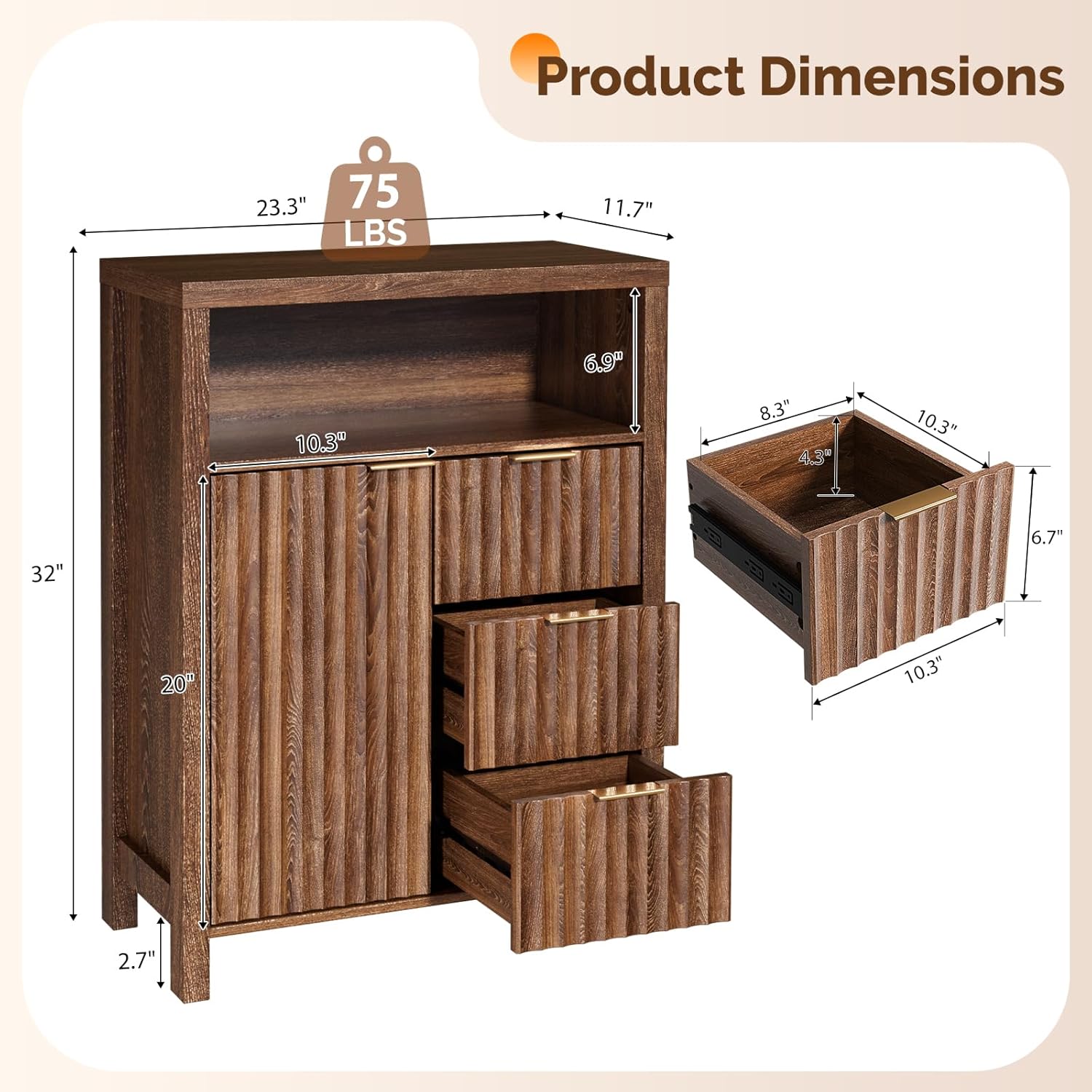 VINGLI Bathroom Floor Storage Cabinet with 3 Drawers, Modern 32" Freestanding Short Storage Organizer with Fluted Door & Adjustable Shelf, 12 Inch Deep Walnut Wooden Console for Small Space
