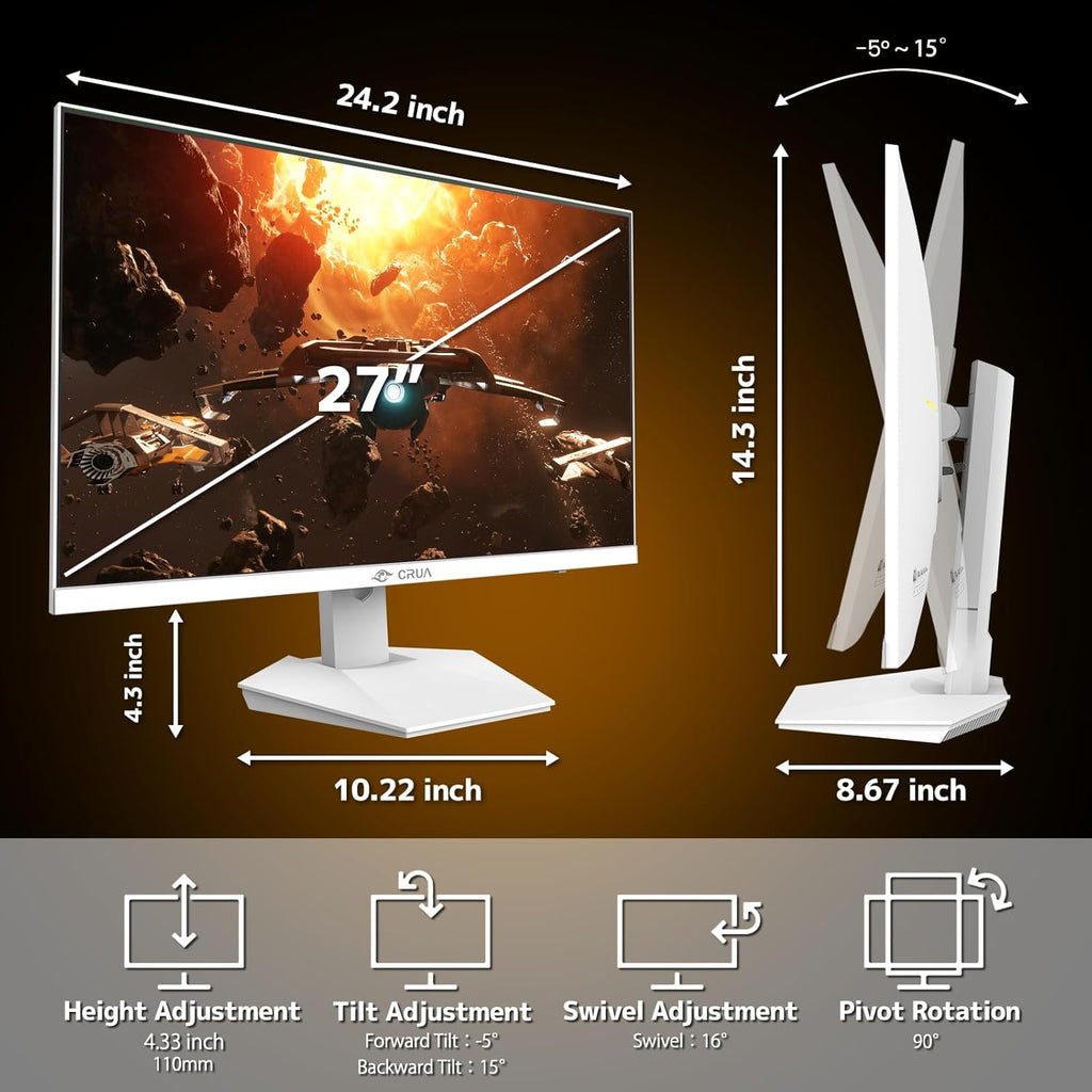 CRUA 27” Gaming Monitor  IPS UHD 3840x2160 4K 160Hz / FHD 320Hz Dual Mode White Computer Monitor  Rotating/Pivot & Height-Adjustable  AMD FreeSync  Built-in Speakers  PIP/PBP  HDMI 2.1 & DP 1.4