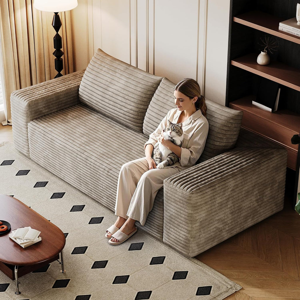 3 Seater Couch for Living Room, 71.3 INCH Fluffy Corduroy Boneless Couch Cloud Loveseat with Wide Armrest, Upholstered Floor Sofa in A Box, No Assembly Required
