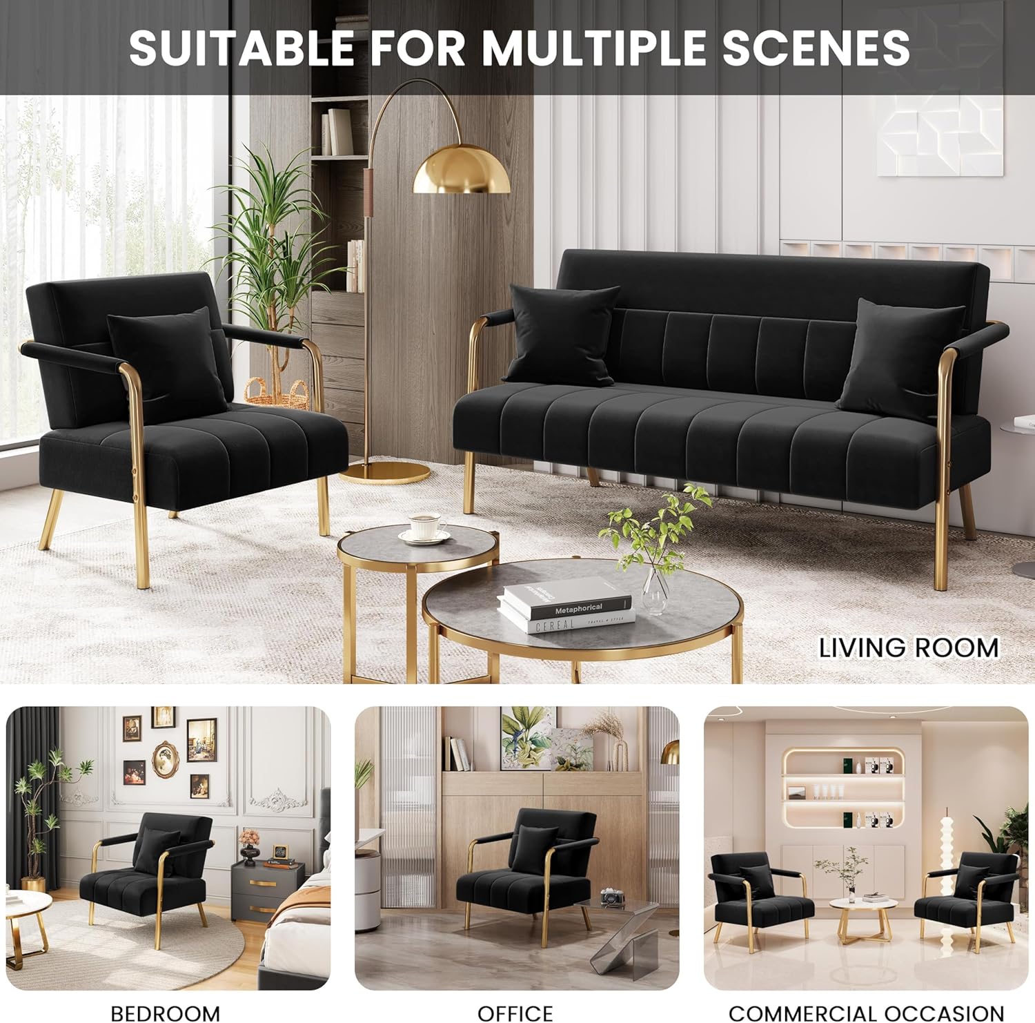 Yaheetech 30" W Modern Sofa Small Sofa Luxurious Velvet Fabric Couch with Gold-Tone Metal Arms and Legs for Living Room, Home Office, Studio Black