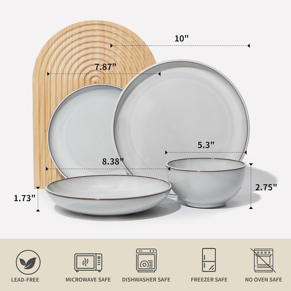 Pokini 16 Piece Double Bowl Dinnerware Sets with Pasta Bowls, Highly Chip and Crack Resistant Plates and Bowls Sets, Natural Earthyware Ceramic Dishware Sets, Service for 4 Moonstone White