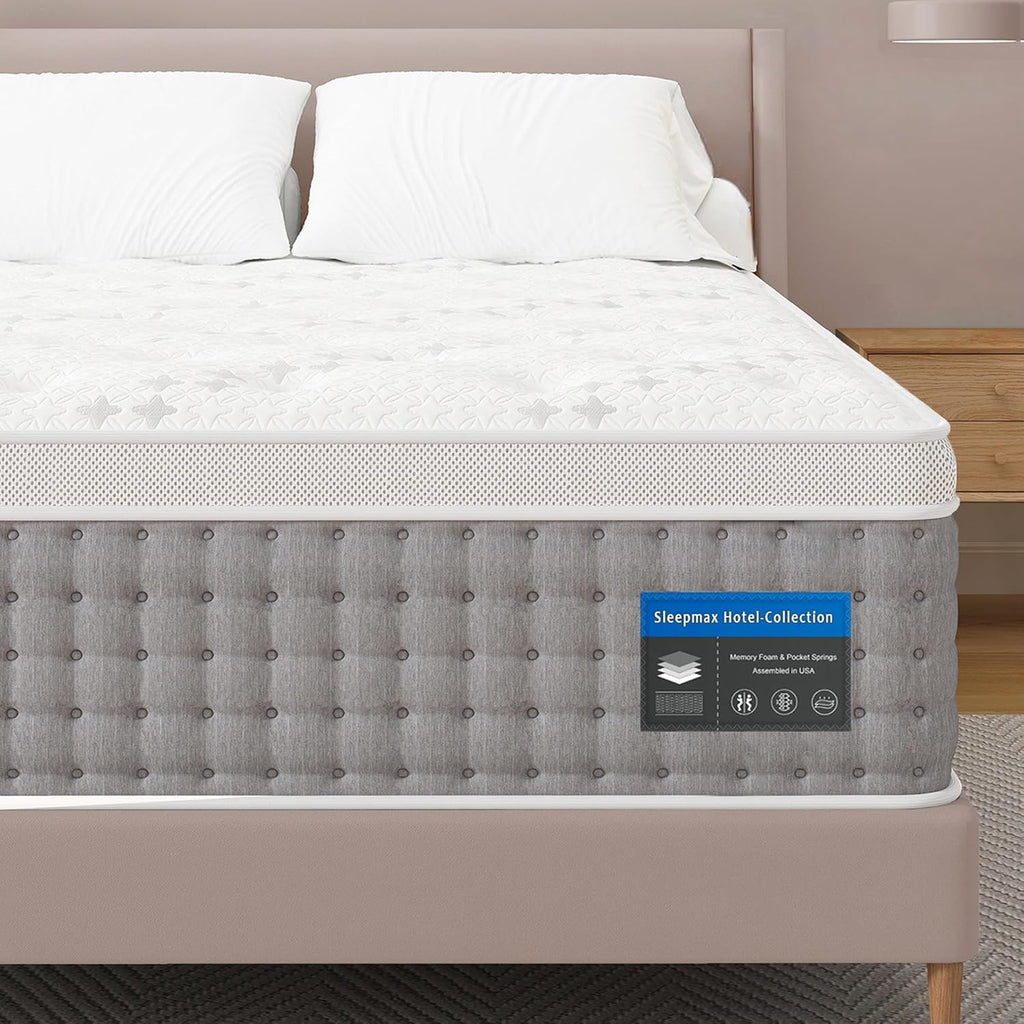 Sleepmax King Mattress 14 Inch - Hotel-Collection Hybrid Mattress Pain Relief - Extra Lumbar & Hip Support - Cooling Gel Bed in a Box Spine Alignment - CertiPUR-US, Fiberglass-Free, 365-Night Trial