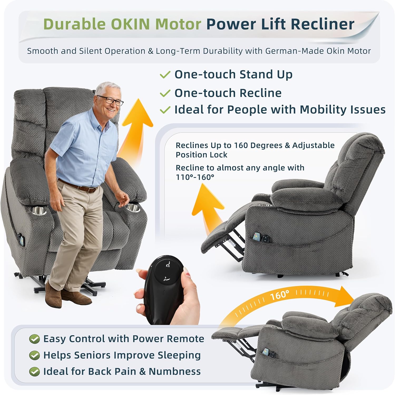 Power Lift Recliner Chair for Elderly, Velvet Recliner with Massage and Heat, Lazy Boy Power Recliner Lay Flat 160° Cup Holders for Living Room