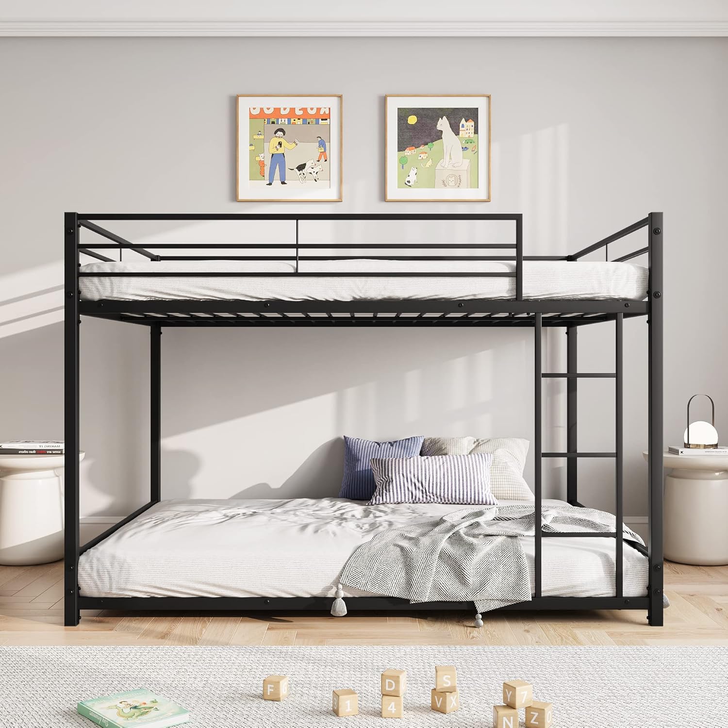 Full Over Full Bunk Beds, Metal Heavy Duty Full Size Bunk Beds for Kids, Full Size Bed Frmae for Boys and Girls,Loft Bed with Ladder and Guardrail for Small Spaces (Black)