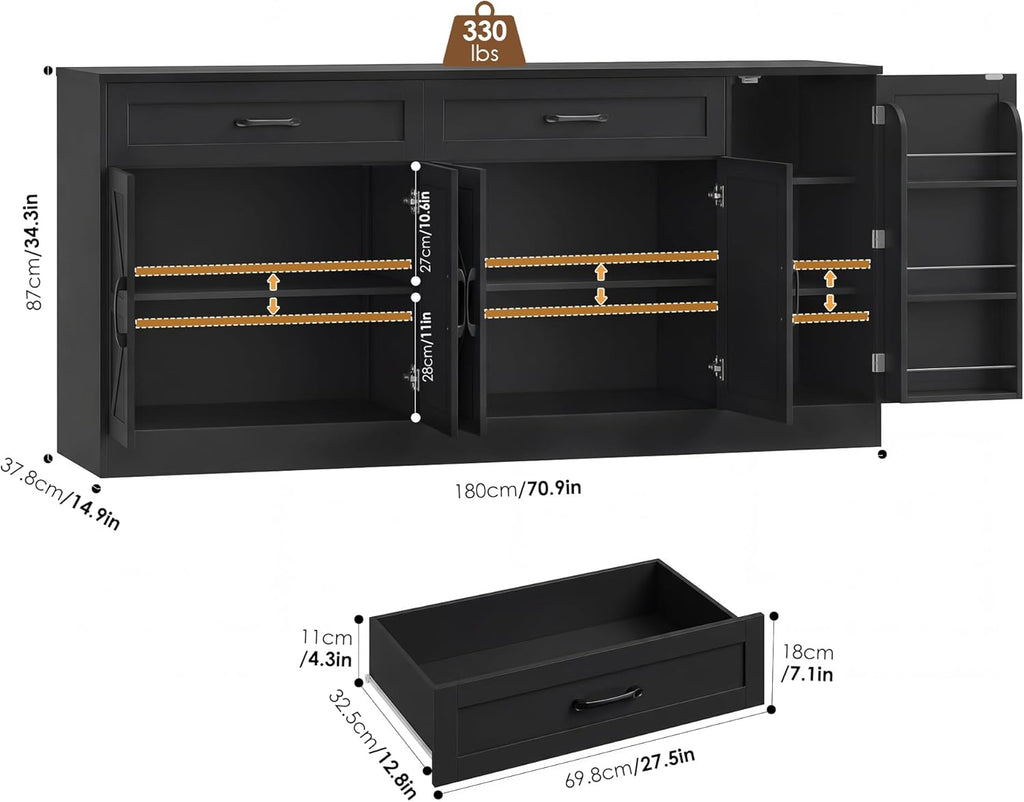 71” Large Sideboard Buffet Cabinet with Storage, Farmhouse Buffet Cabinet with Adjustable Shelves and 3 Door Shelves, Wood Coffee Bar Console Table for Kitchen, Dining Room (Black)