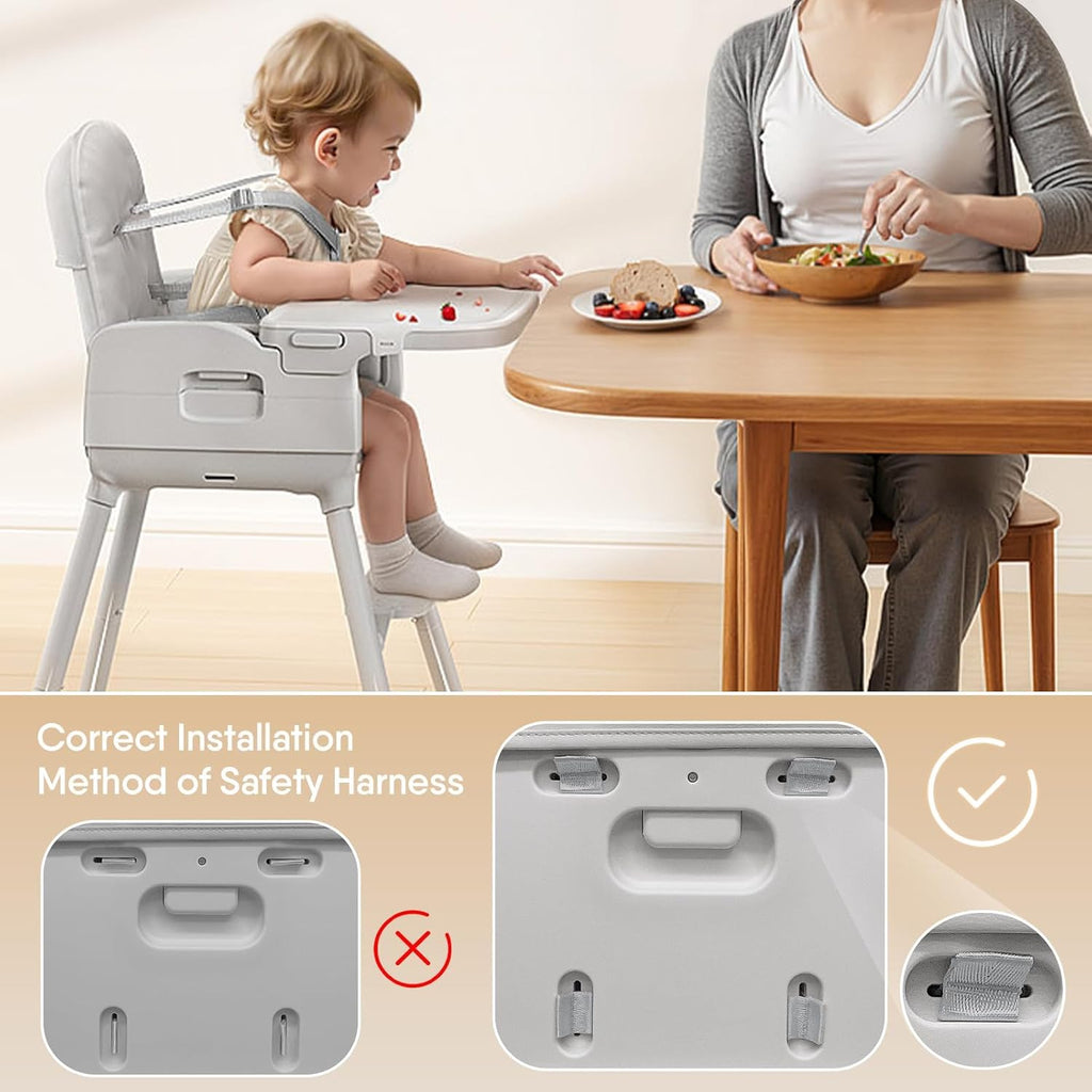 Obee Odee 3-in-1 Portable Baby High Chair for Babies and Toddlers, Convertible Easy Clean Infant Foldable Highchair with Adjustable Legs & Dishwasher Safe Tray, Grey