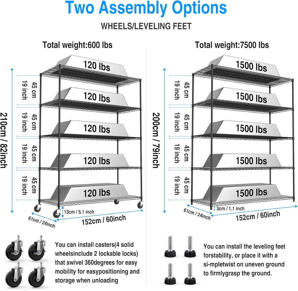 5 Tier 7500lbs Capacity NSF Metal Shelf Wire Shelving Unit, Heavy Duty Adjustable Storage Rack with Wheels & Shelf Liners for Commercial Grade Utility Steel Storage Rack, Black - 82"H x 60"L x 24"D