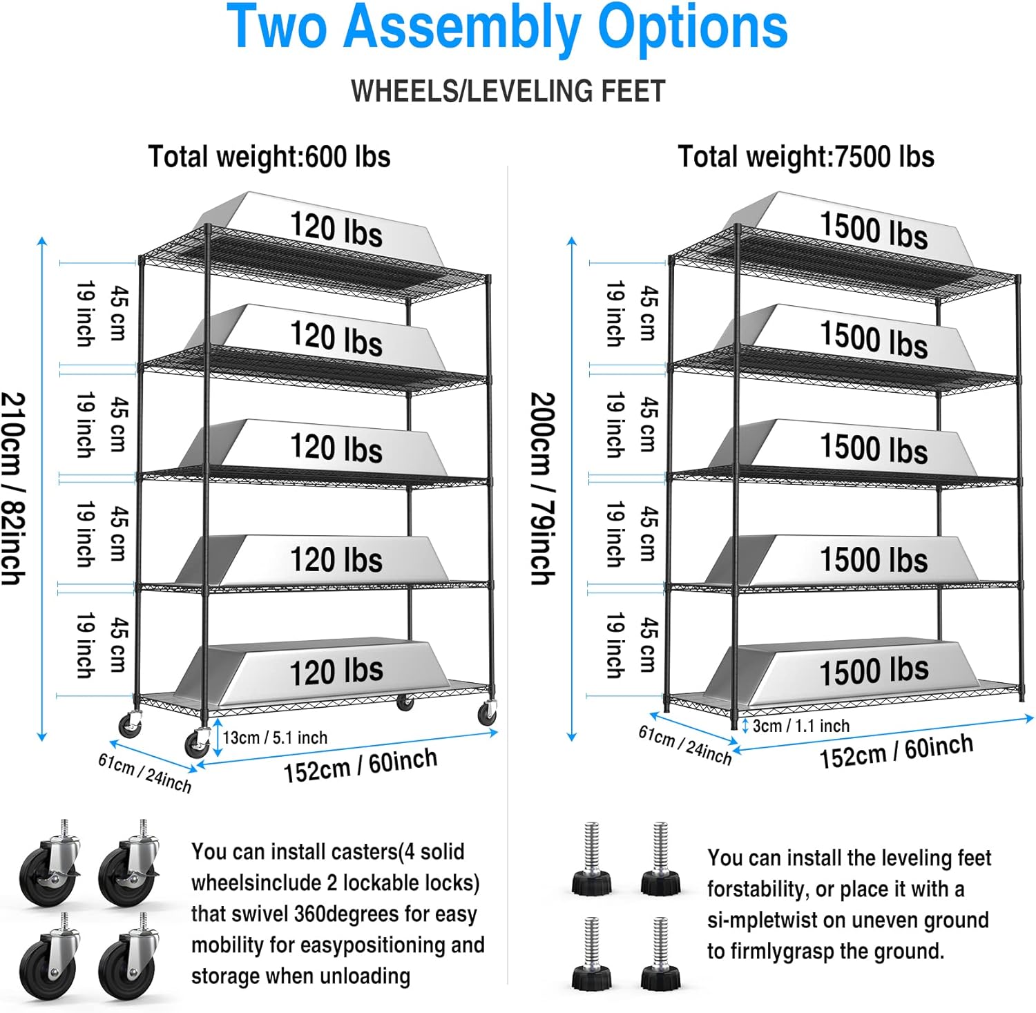 5 Tier 7500lbs Capacity NSF Metal Shelf Wire Shelving Unit, Heavy Duty Adjustable Storage Rack with Wheels & Shelf Liners for Commercial Grade Utility Steel Storage Rack, Black - 82"H x 60"L x 24"D